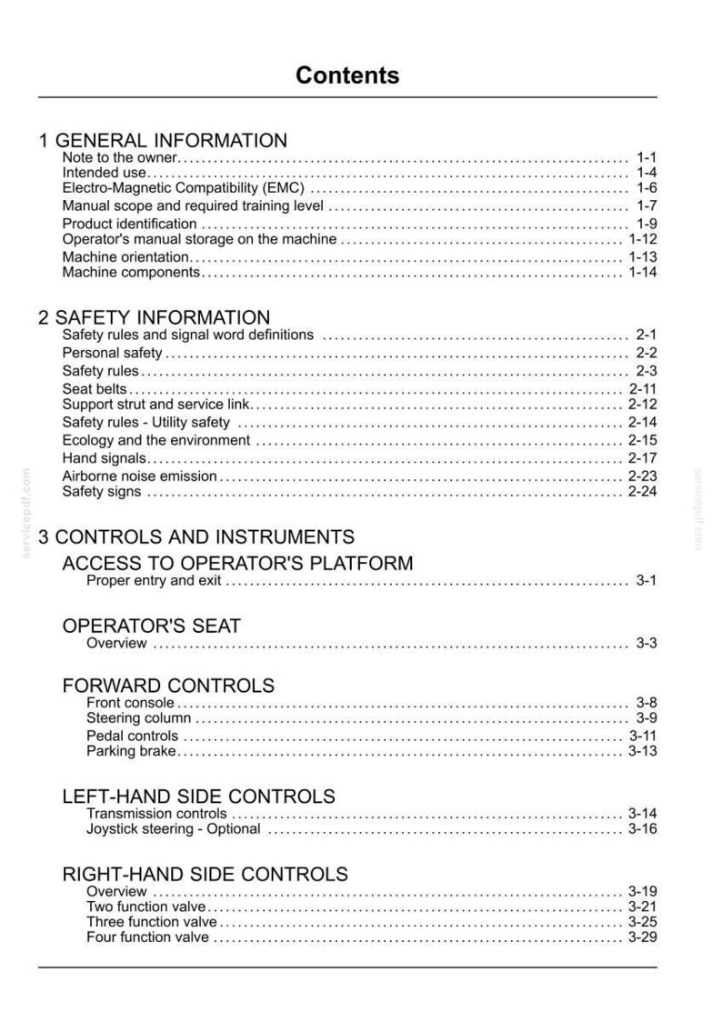 May include: A detailed table of contents from a manual, with headings such as "General Information," "Safety Information," and "Controls and Instruments." The text is black on a white background, with page numbers on the right.