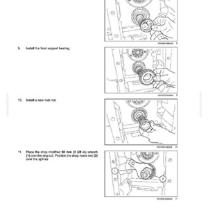 May include: Diagram from a manual showing steps for power train bar axle assembly. Instructions include installing a bearing preload spacer, front support bearing, and a new lock nut. The final step shows positioning a 60 mm wrench over the ring nut.