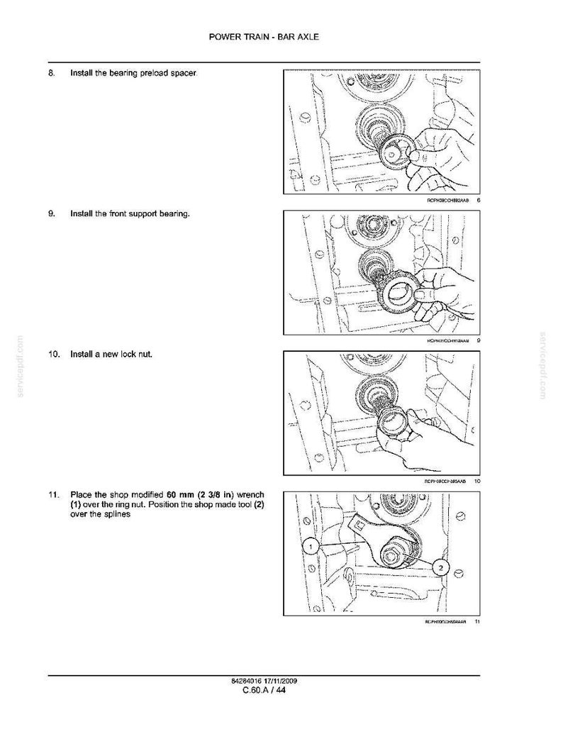 May include: Diagram from a manual showing steps for power train bar axle assembly. Instructions include installing a bearing preload spacer, front support bearing, and a new lock nut. The final step shows positioning a 60 mm wrench over the ring nut.