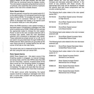 Pode incluir: Uma p&aacute;gina de documento t&eacute;cnico intitulada Section 55 - Electrical Systems - Chapter 12, detalhando ajustes de velocidade do rotor, opera&ccedil;&otilde;es de sensores e c&oacute;digos de falha espec&iacute;ficos para sistemas eletr&ocirc;nicos de colheitadeiras.