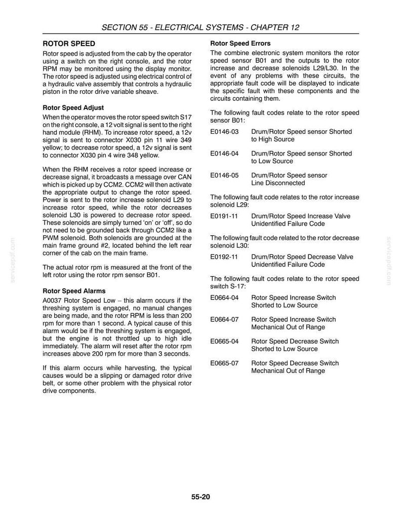Pode incluir: Uma p&aacute;gina de documento t&eacute;cnico intitulada Section 55 - Electrical Systems - Chapter 12, detalhando ajustes de velocidade do rotor, opera&ccedil;&otilde;es de sensores e c&oacute;digos de falha espec&iacute;ficos para sistemas eletr&ocirc;nicos de colheitadeiras.