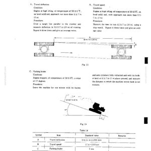 May include: A technical document page titled 8. TRAVEL PERFORMANCE containing instructions for testing travel deflection, travel speed, and parking brake. It includes diagrams labeled Fig 23 and Fig 24, and a table labeled Table 14 with standard values.