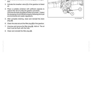 May include: Diagram of a gearbox with numbered components: filler plug (2), drain plug (3), and breather valve (1). Text details maintenance steps for "High Speed" models, including oil draining and cleaning.