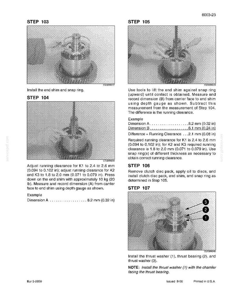 May include: Technical diagram with step-by-step instructions for mechanical assembly. Includes close-up images of components, measurements in inches and millimeters, and text instructions. Features diagrams for steps 103 through 107.