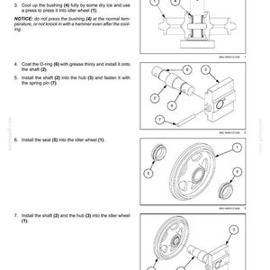 May include: Diagram of idler wheel assembly with numbered parts and instructions. Includes illustrations of the wheel, shaft, hub, O-ring, seal, and spring pin. Text instructions detail the assembly process.