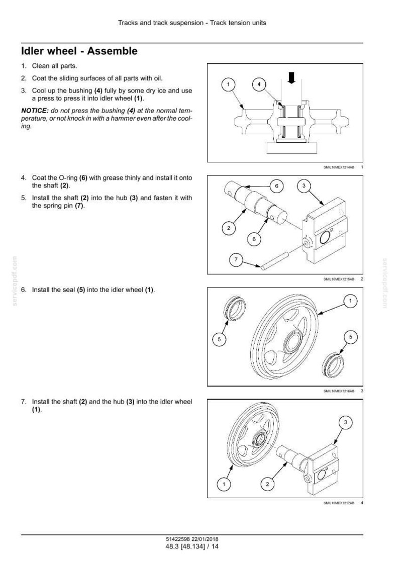 May include: Diagram of idler wheel assembly with numbered parts and instructions. Includes illustrations of the wheel, shaft, hub, O-ring, seal, and spring pin. Text instructions detail the assembly process.