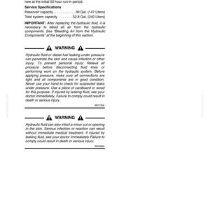 May include: A page from a manual detailing hydraulic system maintenance. The text includes service specifications, warnings about hydraulic fluid leaks, and safety instructions. The reservoir capacity is .39 Gal. (147 Liters).