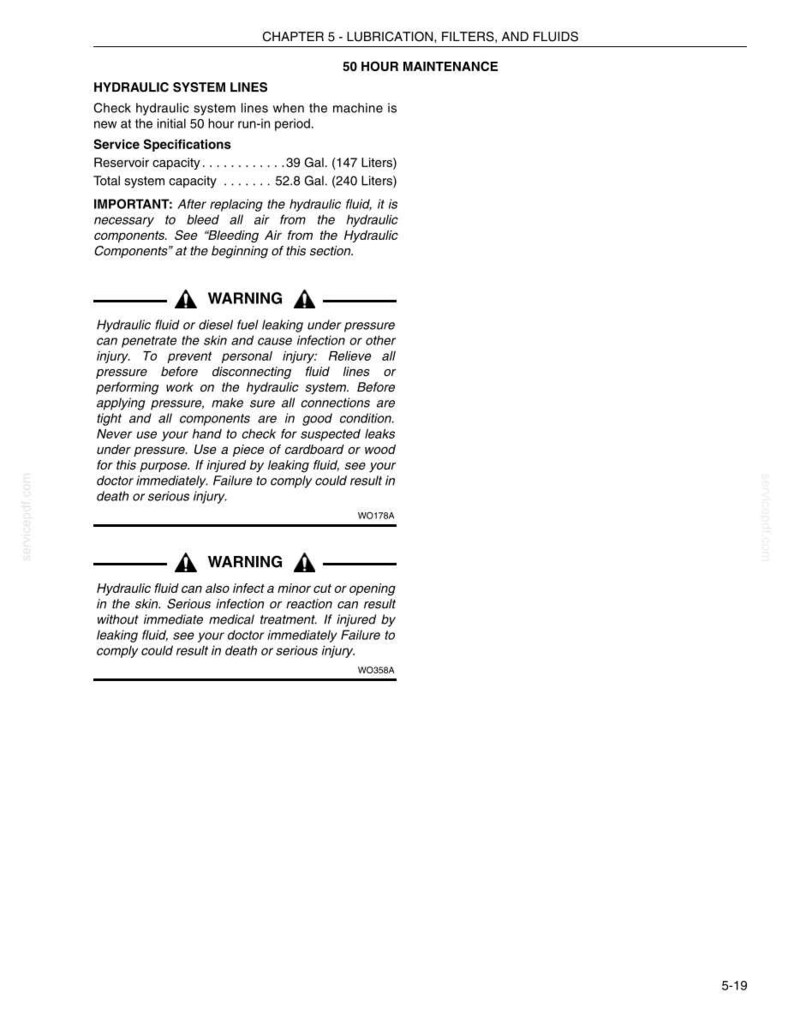May include: A page from a manual detailing hydraulic system maintenance. The text includes service specifications, warnings about hydraulic fluid leaks, and safety instructions. The reservoir capacity is .39 Gal. (147 Liters).