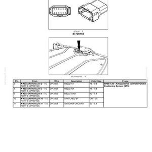 May include: Diagram of electrical systems, harnesses, and connectors. Includes images of a male antenna connector, a diagram of the connector, and a table detailing pin connections, wire types, and color sizes.