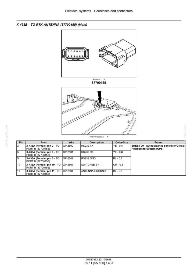 May include: Diagram of electrical systems, harnesses, and connectors. Includes images of a male antenna connector, a diagram of the connector, and a table detailing pin connections, wire types, and color sizes.