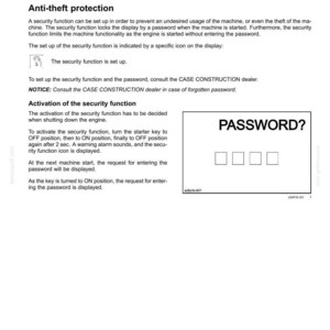 May include: Page from an operating instructions manual. The text includes instructions for anti-theft protection, activation of the security function, and setting a password. The image shows a screen prompt with the word "PASSWORD?" and four blank boxes.