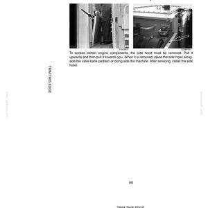 May include: Diagram of a side hood for a 788 series machine. The image includes a close-up of the side hood and instructions for removal and installation. Text includes "CONTROLS/INSTRUMENTS/ACCESSORIES" and "TRIM THIS EDGE".