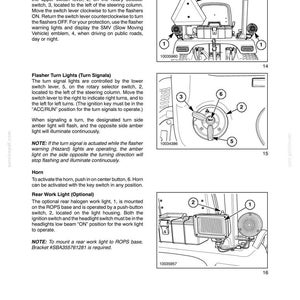 Puede incluir: Una p&aacute;gina de manual t&eacute;cnico titulada SECTION 2 - OPERATION, que presenta tres diagramas en blanco y negro de los controles de un tractor. Los diagramas ilustran luces de advertencia, interruptores de giro y una luz de trabajo trasera, con indicadores numerados.