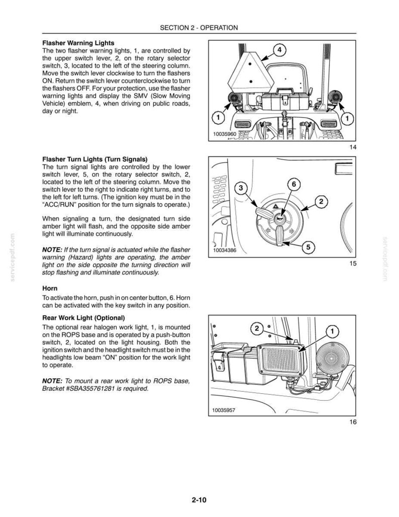 Puede incluir: Una p&aacute;gina de manual t&eacute;cnico titulada SECTION 2 - OPERATION, que presenta tres diagramas en blanco y negro de los controles de un tractor. Los diagramas ilustran luces de advertencia, interruptores de giro y una luz de trabajo trasera, con indicadores numerados.