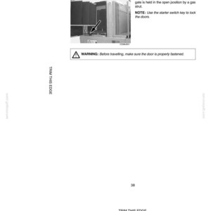 May include: A page from a manual with the title "WALKWAY ACCESS GATE". It includes a diagram of a gate, instructions, and a warning about fastening the door. The text also includes the note: "Use the starter switch key to lock the doors."