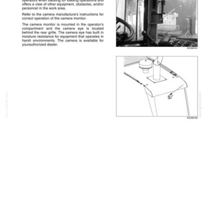 May include: A technical document titled REAR VIEW CAMERA AND MONITOR (OPTIONAL) featuring text and two black and white diagrams. The top image shows a vehicle interior monitor, and the bottom image shows a line drawing of a vehicle rear panel.