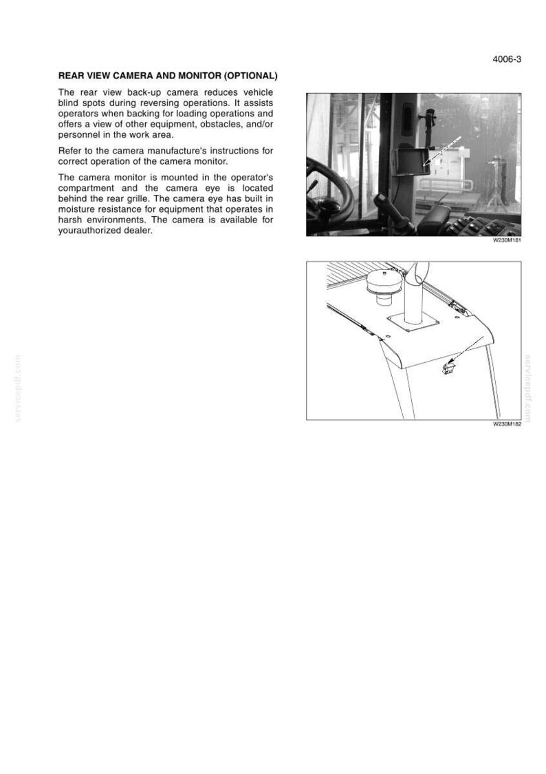 May include: A technical document titled REAR VIEW CAMERA AND MONITOR (OPTIONAL) featuring text and two black and white diagrams. The top image shows a vehicle interior monitor, and the bottom image shows a line drawing of a vehicle rear panel.