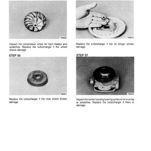 May include: Technical diagram with four images illustrating turbocharger inspection steps. Includes a compressor wheel, a component held by a hand, a heat shield, and a center housing. Text provides instructions for each step.