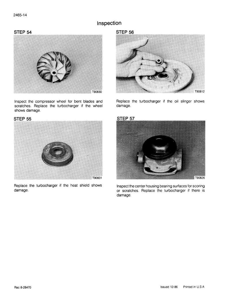 May include: Technical diagram with four images illustrating turbocharger inspection steps. Includes a compressor wheel, a component held by a hand, a heat shield, and a center housing. Text provides instructions for each step.