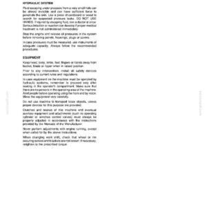 May include: A document titled SAFETY RULES containing instructions for hydraulic systems and equipment operation. It details safety procedures for handling pressurized fluid, maintaining distance from machinery, and performing maintenance tasks.