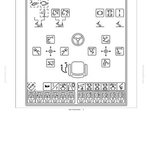 May include: A technical diagram titled 6 - WORKING OPERATIONS displaying a control layout for heavy machinery. It features black line icons for steering, seat positioning, and various hydraulic functions, with a central steering wheel icon.