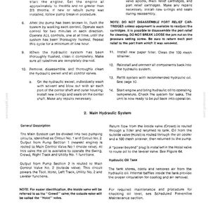 May include: A page from a manual detailing hydraulic system maintenance. The text includes instructions for flushing, cleaning, and refilling the system, along with diagrams and safety notes. The document is a technical guide.