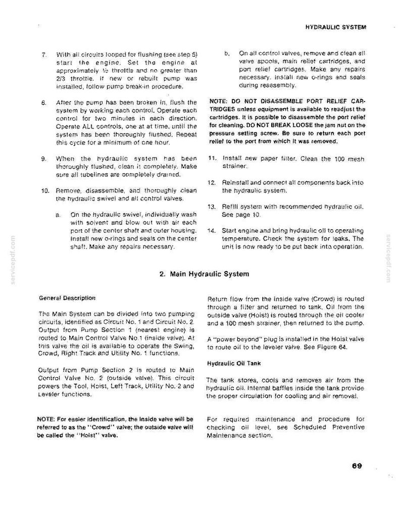 May include: A page from a manual detailing hydraulic system maintenance. The text includes instructions for flushing, cleaning, and refilling the system, along with diagrams and safety notes. The document is a technical guide.