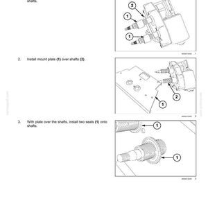 May include: Diagram illustrating the installation of a wiper system motor. The image shows the steps to install spacer plates, mount plates, and seals onto the motor shafts. Includes labels and part numbers for each component.