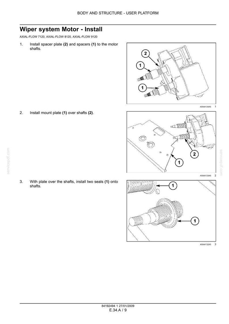 May include: Diagram illustrating the installation of a wiper system motor. The image shows the steps to install spacer plates, mount plates, and seals onto the motor shafts. Includes labels and part numbers for each component.