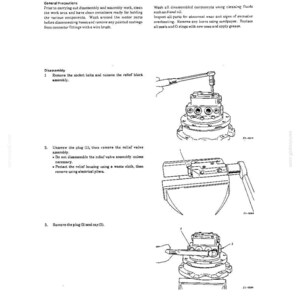 May include: A technical manual page titled TRAVEL MOTOR HYDRAULIC UNITS, featuring black and white line drawings of mechanical disassembly steps. It includes instructions for removing socket bolts, relief blocks, plugs, and caps with tools.