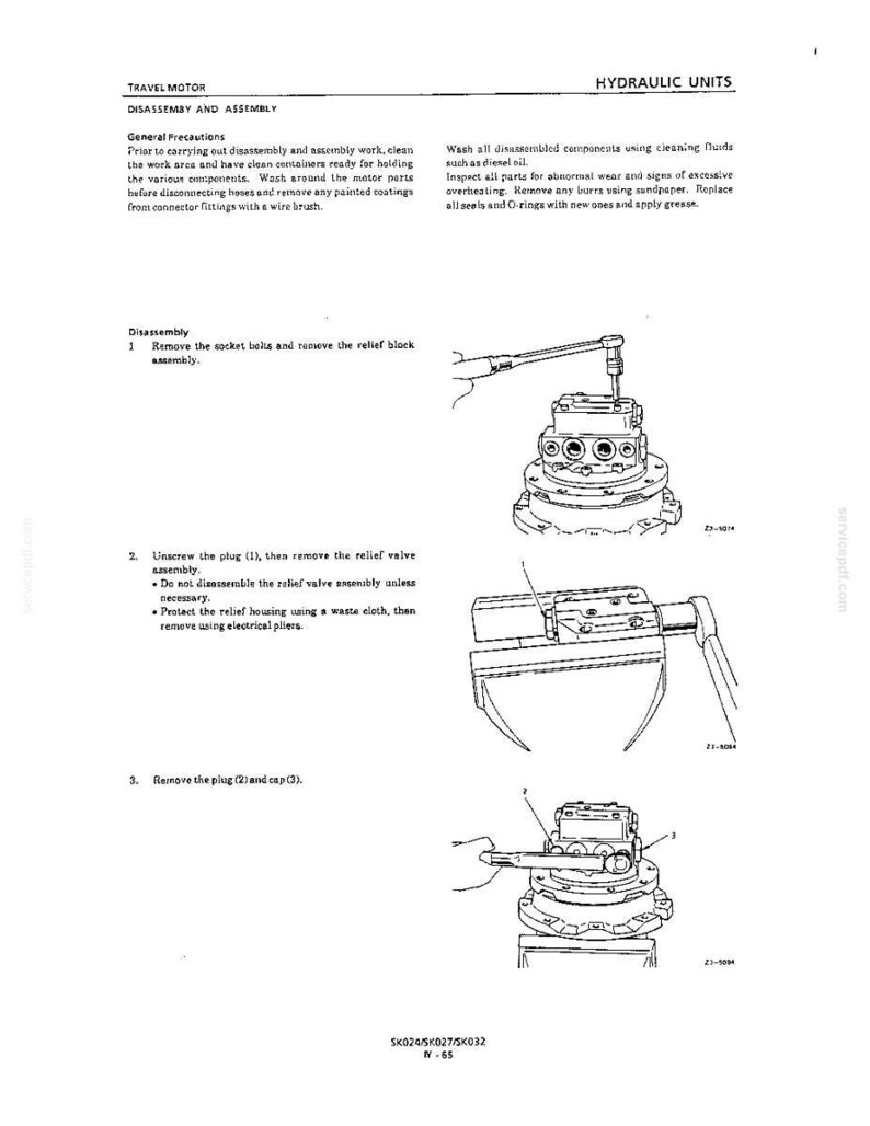 May include: A technical manual page titled TRAVEL MOTOR HYDRAULIC UNITS, featuring black and white line drawings of mechanical disassembly steps. It includes instructions for removing socket bolts, relief blocks, plugs, and caps with tools.