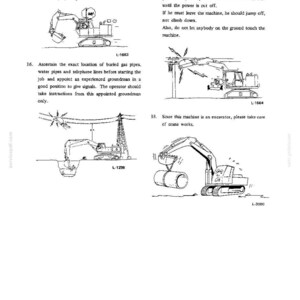 May include: A technical document page titled SAFETY PRECAUTIONS FOR SAFE OPERATION featuring four black and white line art illustrations of an excavator. The diagrams depict safety procedures for transportation, power line contact, underground utility avoidance, and crane work.