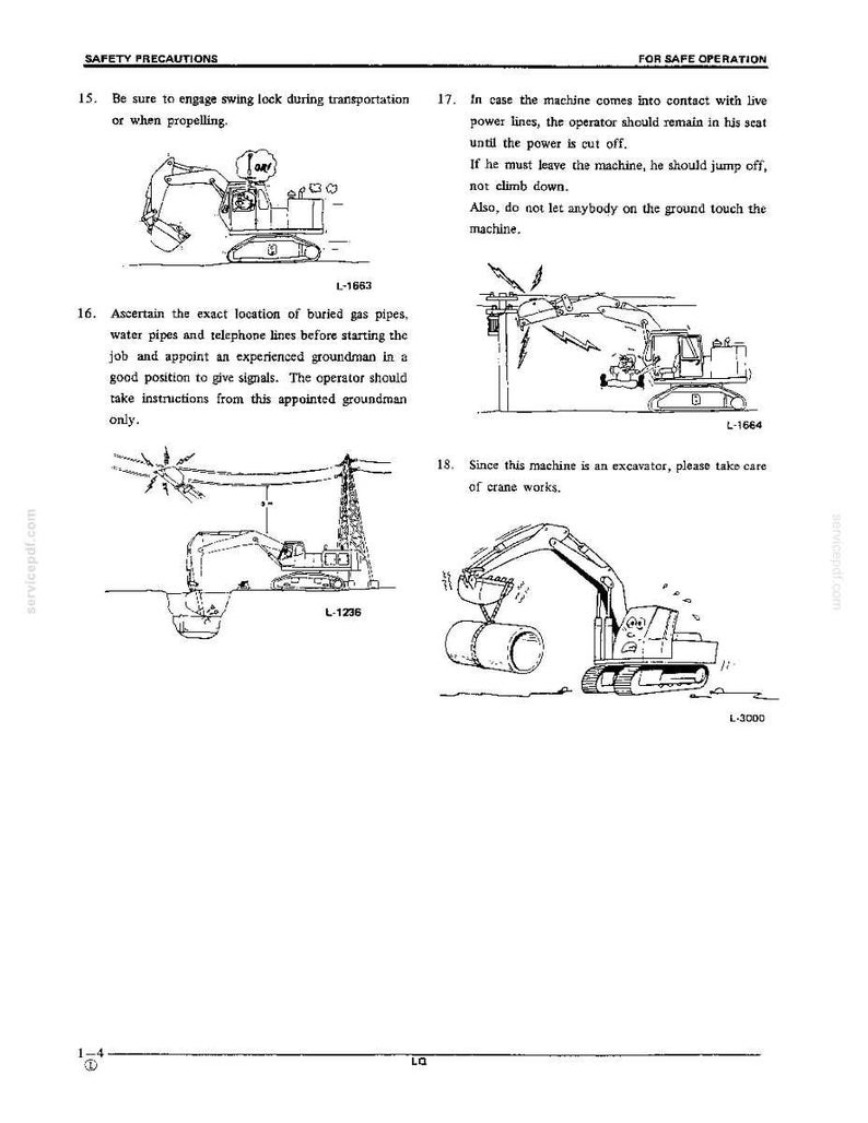 May include: A technical document page titled SAFETY PRECAUTIONS FOR SAFE OPERATION featuring four black and white line art illustrations of an excavator. The diagrams depict safety procedures for transportation, power line contact, underground utility avoidance, and crane work.