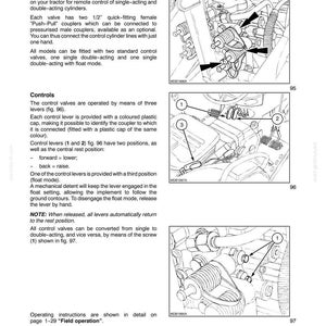 Pu&ograve; includere: Una pagina di manuale tecnico intitolata REAR REMOTE CONTROL VALVES, con disegni al tratto in bianco e nero di componenti idraulici per trattori, inclusi raccordi femmina da 1/2 pollice, leve di comando e diagrammi numerati.