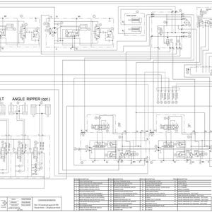 May include: A detailed engineering schematic diagram in black and white, labeled "HYDRAULIC SCHEMATIC". The diagram includes various symbols, lines, and text boxes, illustrating a complex system with "LIFT", "TILT", and "ANGLE RIPPER" components.