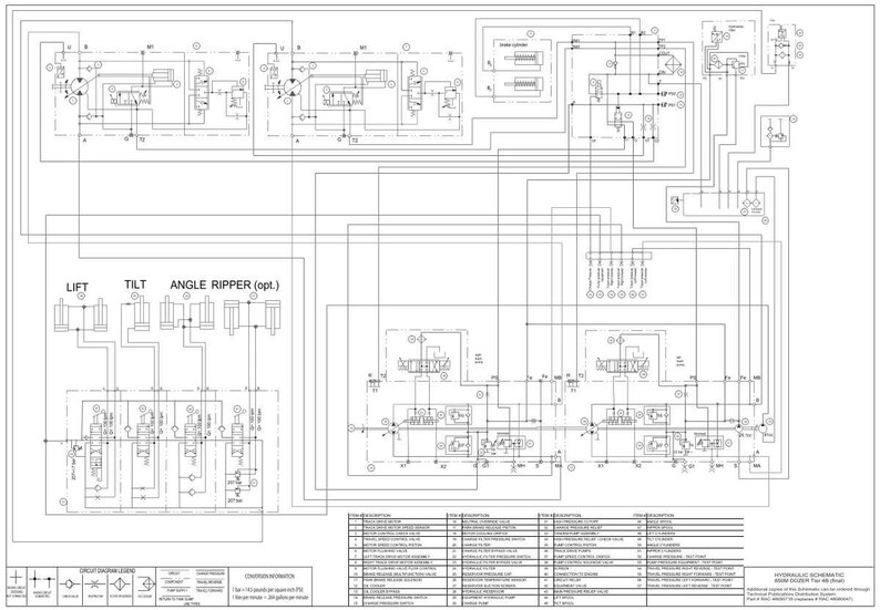 May include: A detailed engineering schematic diagram in black and white, labeled "HYDRAULIC SCHEMATIC". The diagram includes various symbols, lines, and text boxes, illustrating a complex system with "LIFT", "TILT", and "ANGLE RIPPER" components.
