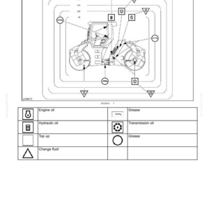 May include: A black and white lubrication chart for a road roller, detailing engine oil, hydraulic oil, and grease points. The chart includes the text "Lubrication chart" and "7 - MAINTENANCE".