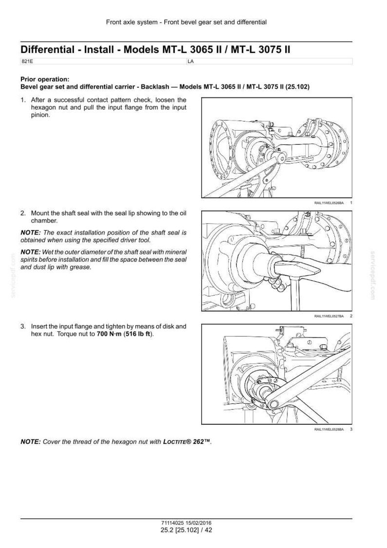 May include: Technical diagram showing the front axle system, including the front bevel gear set and differential. The diagram details installation steps, with annotations and measurements in metric units.