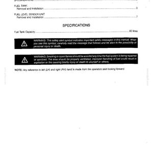 May include: A manual page with headings including "Table of Contents" and "Specifications." It features safety warnings related to fuel systems, with a fuel tank capacity of 60 litres. The document is printed in the USA.