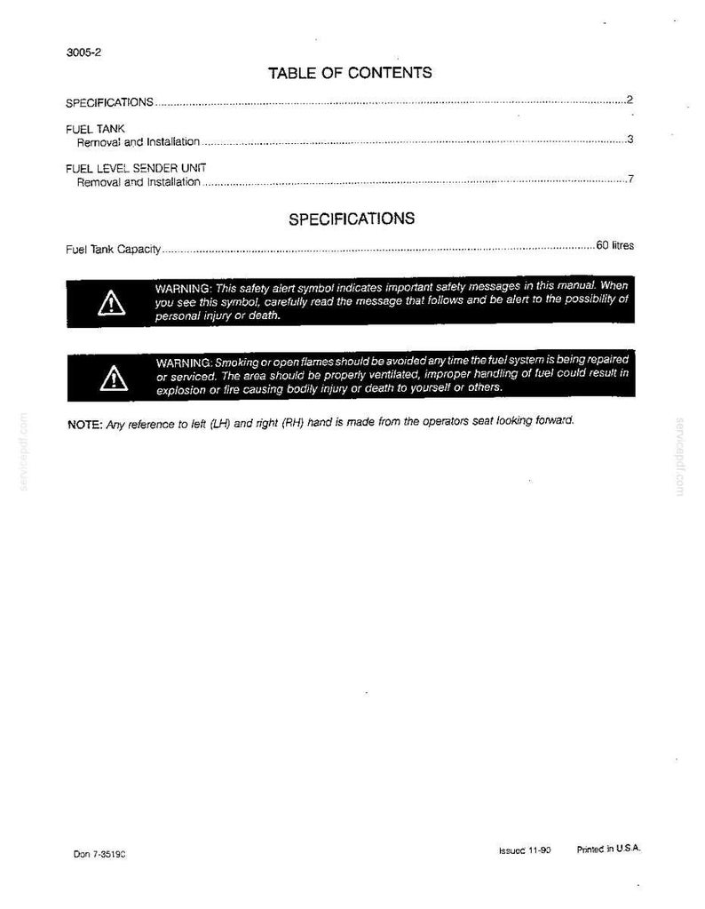May include: A manual page with headings including "Table of Contents" and "Specifications." It features safety warnings related to fuel systems, with a fuel tank capacity of 60 litres. The document is printed in the USA.