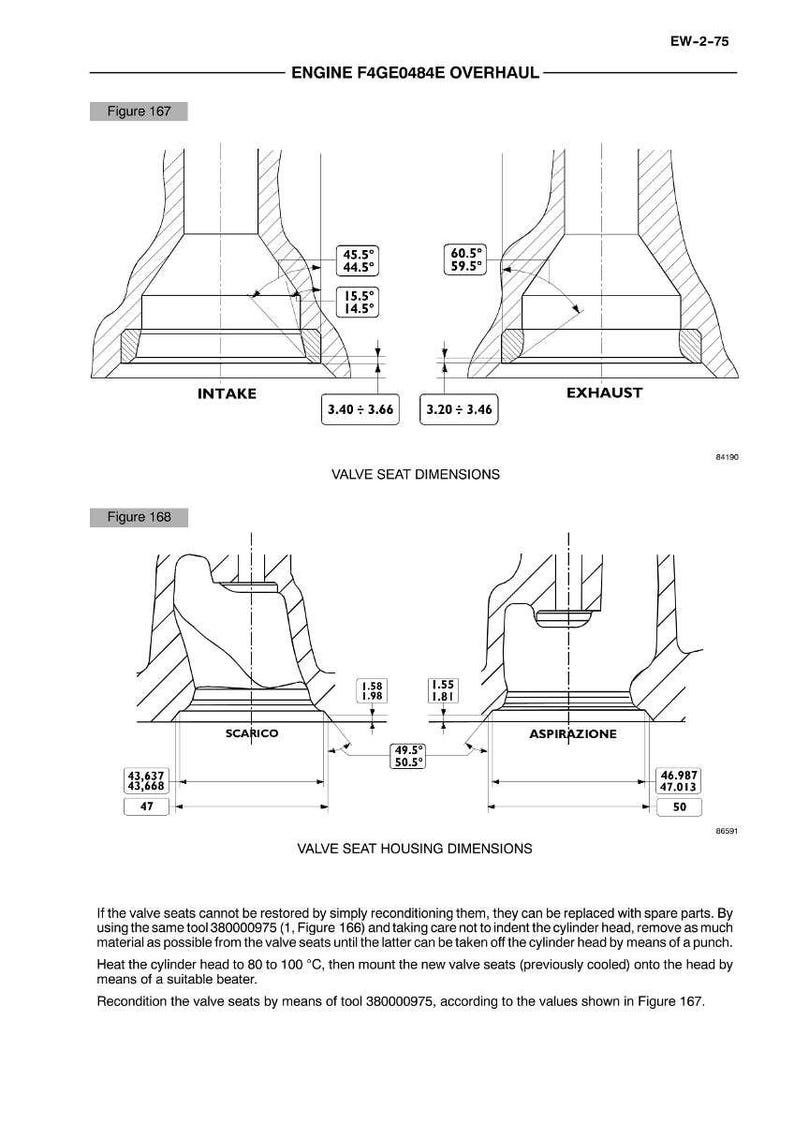 May include: Diagram of an engine overhaul, showing intake and exhaust valve seat dimensions, and valve seat housing dimensions. Includes measurements in inches and degrees, with text labels for each component.
