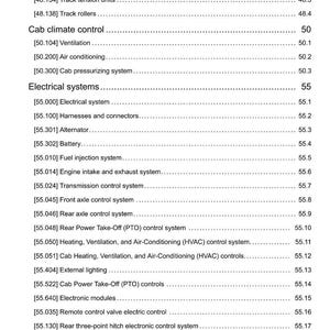 May include: A detailed table of contents from a manual, listing various systems and components. Sections include tracks, cab climate control, and electrical systems. The document is dated 06/03/2014.