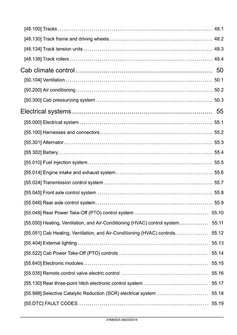 May include: A detailed table of contents from a manual, listing various systems and components. Sections include tracks, cab climate control, and electrical systems. The document is dated 06/03/2014.
