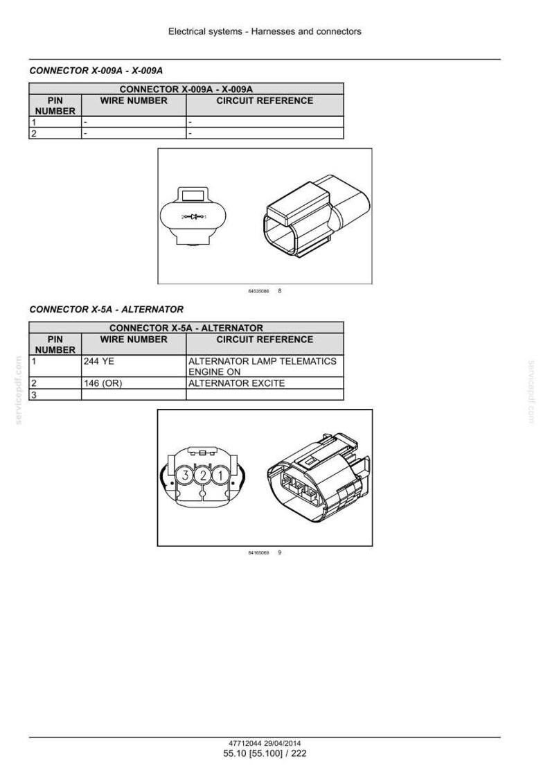 May include: Diagram of electrical connectors, including Connector X-009A and Connector X-5A. The image shows detailed views of the connectors, pin numbers, wire numbers, and circuit references. The text includes "Alternator Lamp Telematics" and "Engine On".