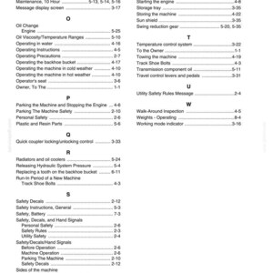 May include: A page from a manual titled "CHAPTER 9 - INDEX". The text lists various topics such as "Machine Storage", "Operating Instructions", and "Safety Decals", along with corresponding page numbers. The document appears to be a reference guide.