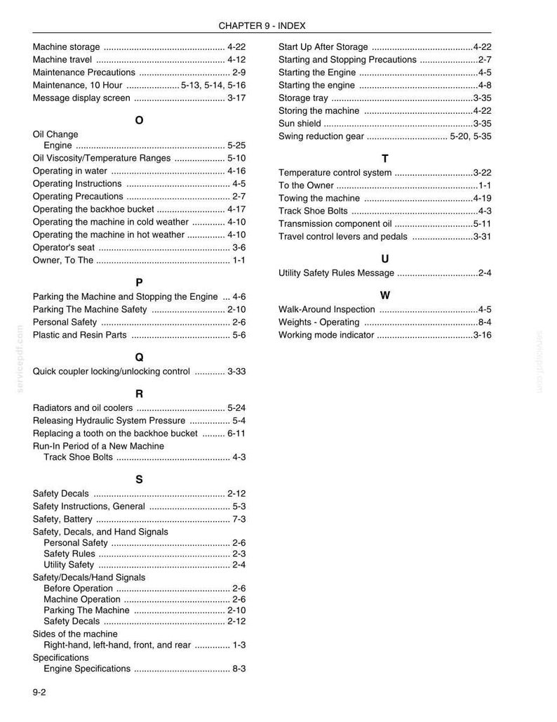 May include: A page from a manual titled "CHAPTER 9 - INDEX". The text lists various topics such as "Machine Storage", "Operating Instructions", and "Safety Decals", along with corresponding page numbers. The document appears to be a reference guide.