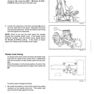 May include: Diagram illustrating a twister hook and shaft system, with measurements in mm and inches. The image provides detailed illustrations of the hook, drive sprocket, and lock collar, with annotations for adjustment and timing.