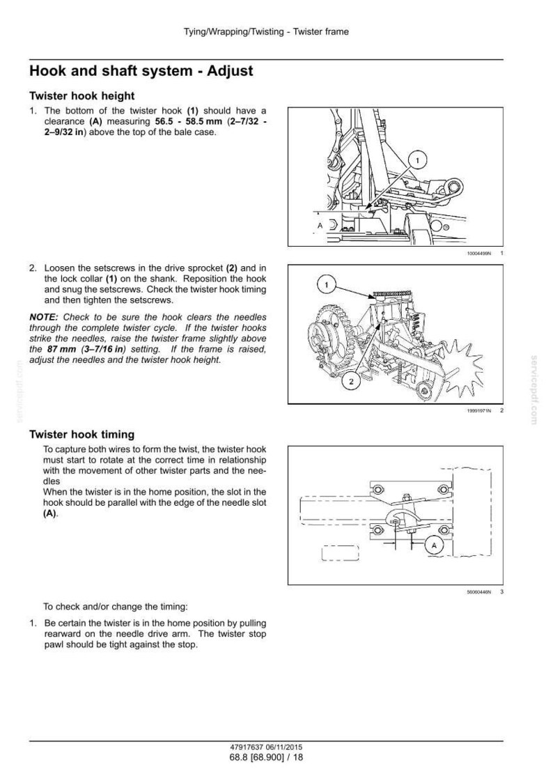 May include: Diagram illustrating a twister hook and shaft system, with measurements in mm and inches. The image provides detailed illustrations of the hook, drive sprocket, and lock collar, with annotations for adjustment and timing.
