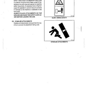 May include: A page titled SAFETY PRECAUTIONS containing text about boom, arm, and attachment safety. It includes two black and white graphic icons: one labeled SLEW / SWING SAFETY showing a person near a machine, and one labeled STABILIZE ATTACHMENTS.
