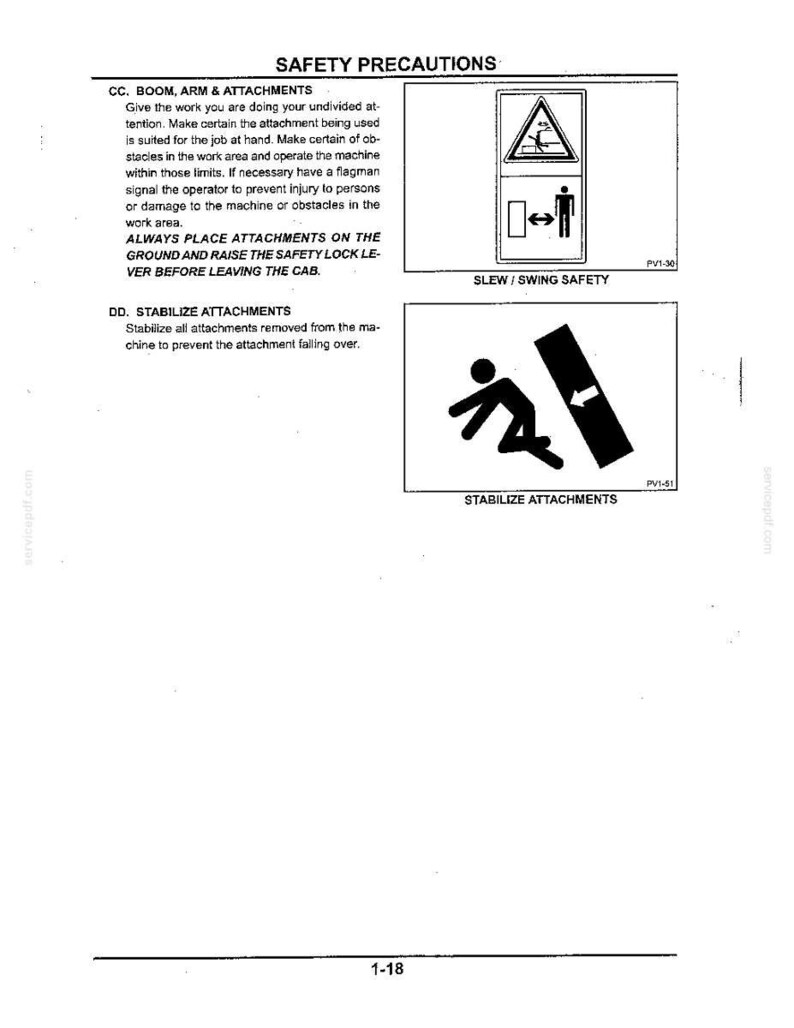 May include: A page titled SAFETY PRECAUTIONS containing text about boom, arm, and attachment safety. It includes two black and white graphic icons: one labeled SLEW / SWING SAFETY showing a person near a machine, and one labeled STABILIZE ATTACHMENTS.